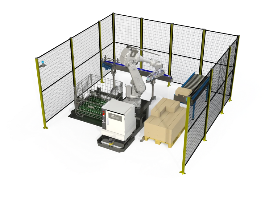 Rendu 3D d’une cellule compacte de déboxage et palettisation